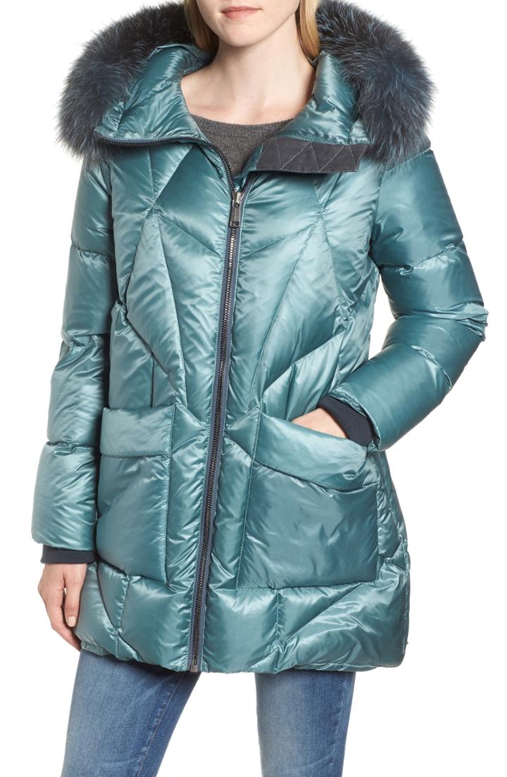 Women's Andrew Marc Genuine Fox Fur Trim Quilted Down Coat - Blue