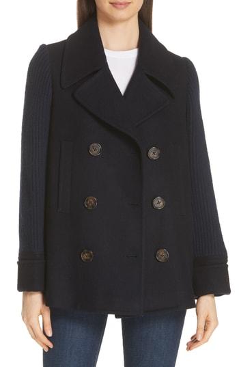 Women's Derek Lam 10 Crosby Knit Sleeve Peacoat - Blue