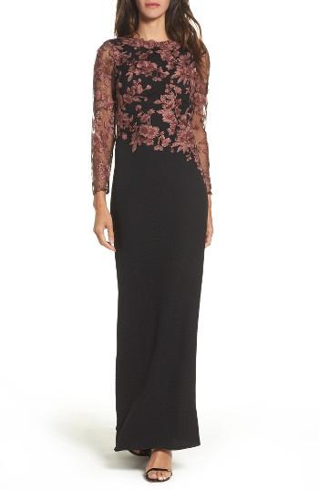 Women's Tadashi Shoji Embroidered Crepe Gown - Black