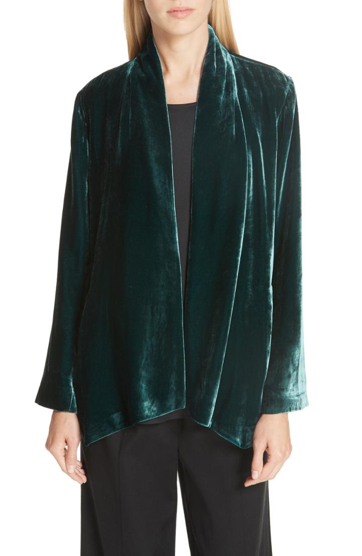 Women's Eileen Fisher Angled Front Velvet Jacket - Green