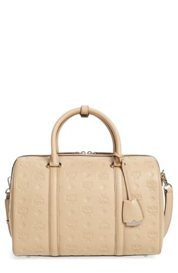 Mcm Signature Monogram Embossed Leather Crossbody Bag - Beige
