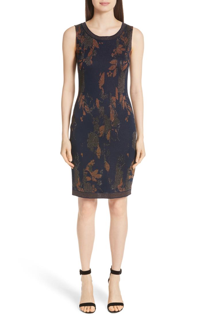 Women's St. John Collection Leafed Copper Jacquard Sheath Dress