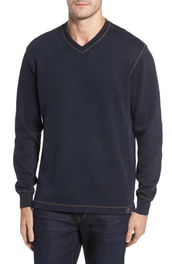 Men's Thaddeus Anthony Slubbed Long Sleeve V-neck T-shirt, Size - Blue