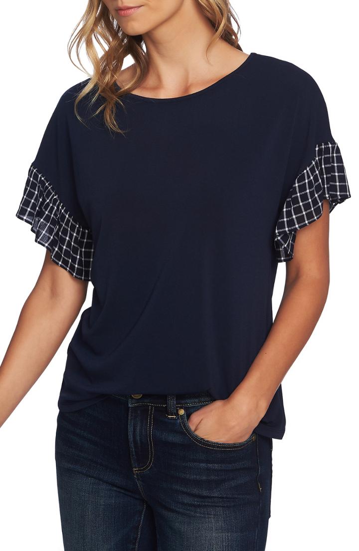 Women's Cece Flutter Sleeve Mixed Media Top, Size - Blue