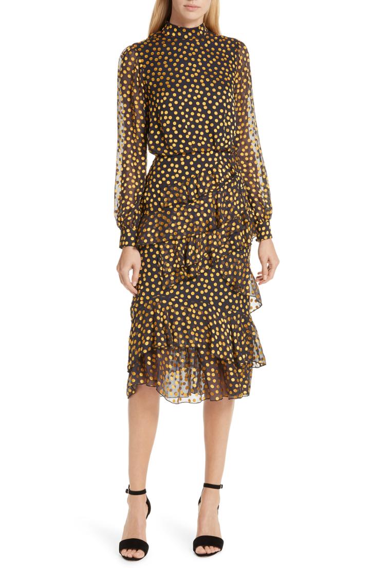 Women's Saloni Isa Polka Dot Devore Satin Dress - Black