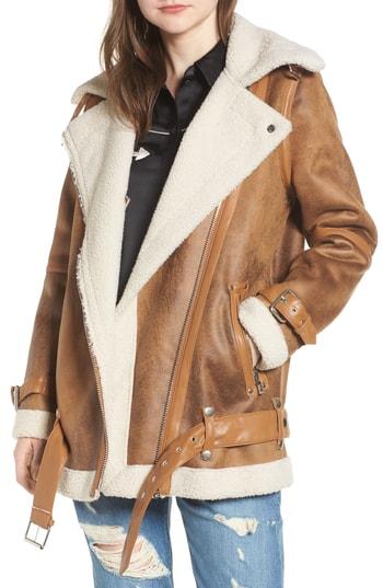 Women's Avec Les Filles Faux Shearling Biker Jacket, Size - Brown