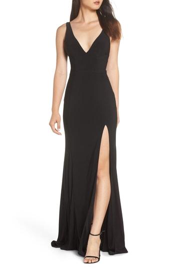 Women's Mac Duggal Plunge Neck Slit Jersey Gown - Black