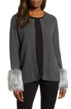 Women's Chaus Faux Fur Detail Cotton Cable Cardigan - Grey