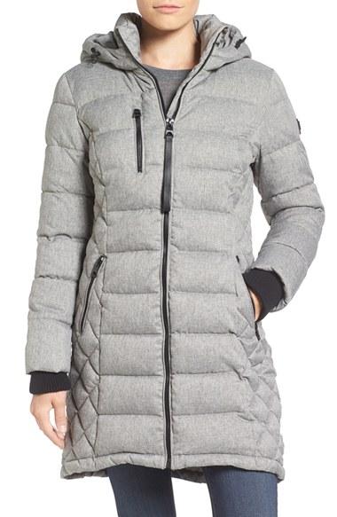 Women's Guess Quilted Hooded Puffer Coat - Grey