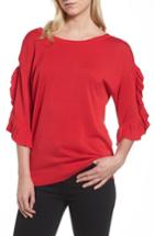 Petite Women's Halogen Ruffle Sleeve V-back Sweater, Size P - Red