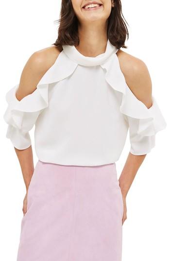 Women's Topshop Ruffle Cold Shoulder Top Us (fits Like 14) - Ivory