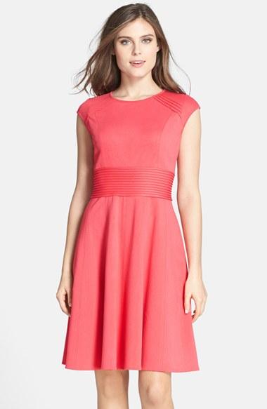 Women's Eliza J Pintucked Waist Seamed Ponte Knit Fit & Flare Dress - Coral