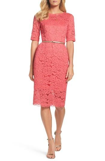 Petite Women's Ellen Tracy Belted Lace Sheath Dress P - Pink