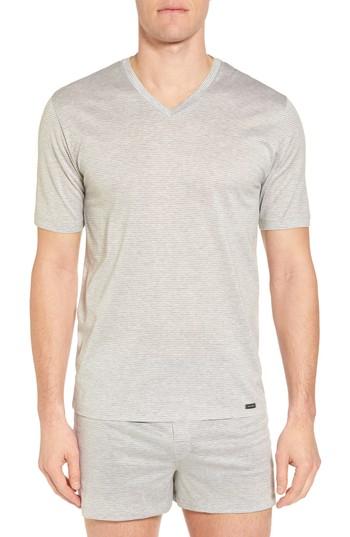 Men's Hanro Sporty Stripe Cotton V-neck T-shirt - Black