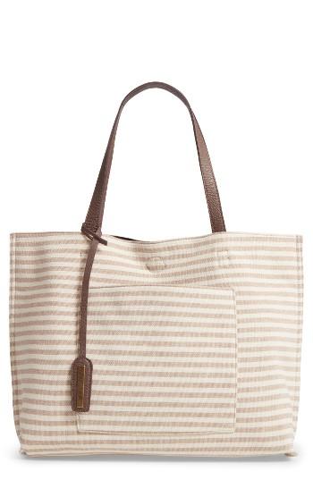 Street Level Reversible Stripe & Faux Leather Tote - Beige