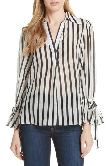 Women's Alice + Olivia Geraldine Bow Sleeve Stripe Cotton Silk Tunic Top - White