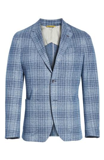 Men's Canali Slim Fit Plaid Cotton & Linen Sport Coat Us / 48 Eu R - Blue