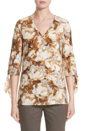 Women's Lafayette 148 New York Kenna Print Silk Blouse - Grey