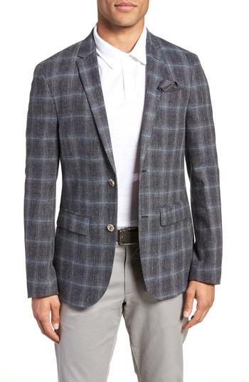 Men's Sand Trim Fit Plaid Sport Coat R Eu - Grey