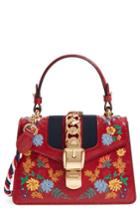 Gucci Mini Sylvie Flower Embroidery Leather Shoulder Bag - Red