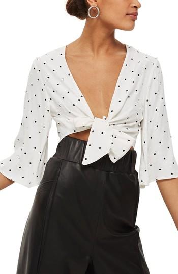 Women's Topshop Spot Jacquard Knot Front Crop Top Us (fits Like 0-2) - Ivory