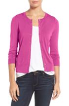 Petite Women's Halogen Three Quarter Sleeve Crewneck Cardigan, Size P - Pink