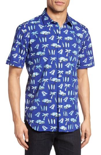 Men's Bugatchi Shaped Fit Beach Print Sport Shirt, Size - Blue