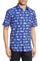 Men's Bugatchi Shaped Fit Beach Print Sport Shirt, Size - Blue