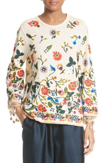 Women's Alice + Olivia Lenora Embroidered Bell Sleeve Tunic - Beige