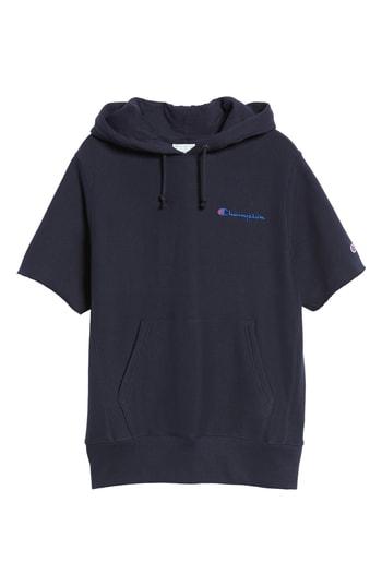 Men's Champion Reverse Weave Short Sleeve Hoodie, Size - Blue