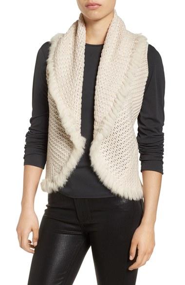 Women's Love Token Knit Vest With Genuine Rabbit Fur Trim - White
