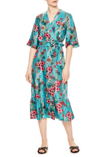 Women's Sandro Floral Silk Wrap Dress Us / 36 Fr - Blue