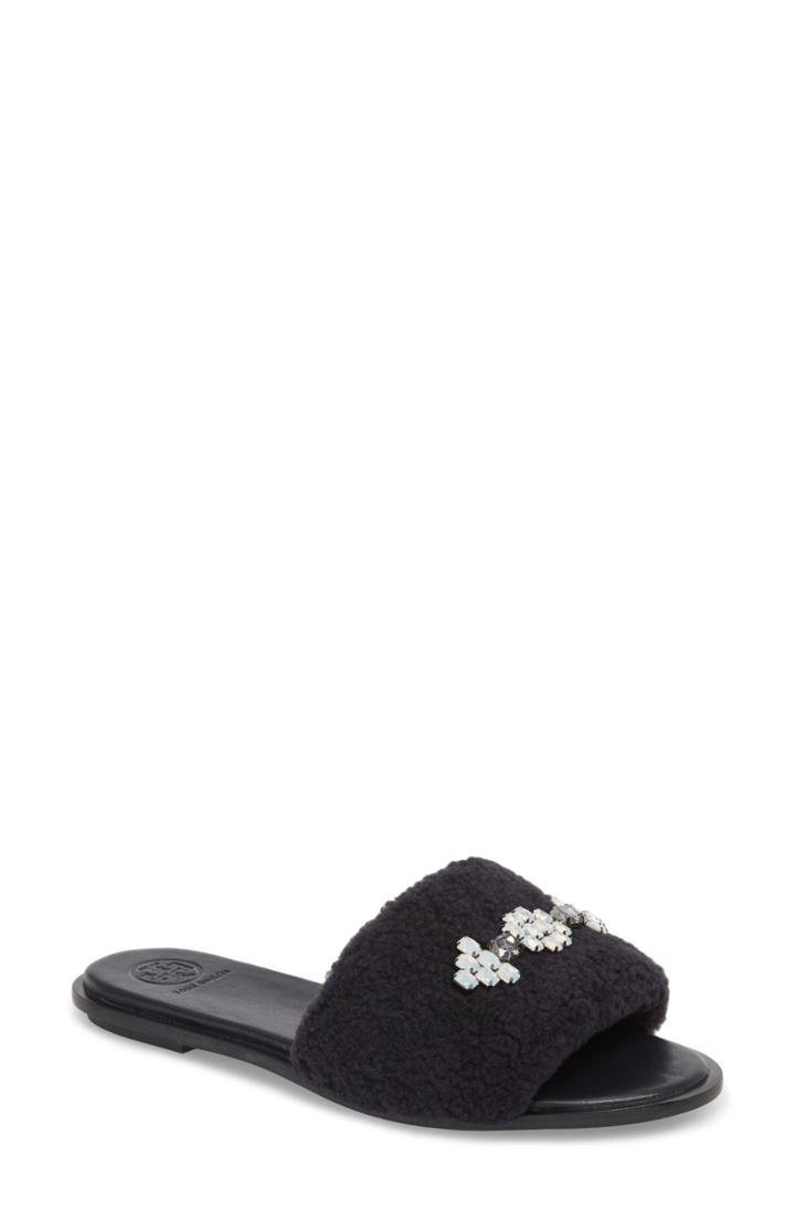 Women's Tory Burch Embellished Genuine Shearling Slide Sandal .5 M - Blue