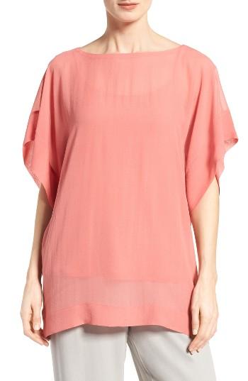 Women's Eileen Fisher Bateau Neck Silk Boxy Top - Coral