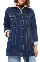 Women's Topshop Borg Belted Longline Denim Jacket Us (fits Like 0-2) - Blue