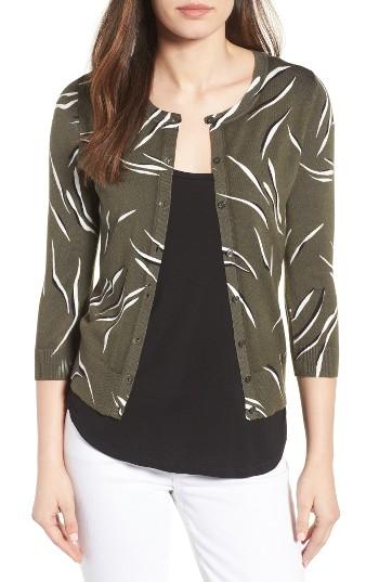 Petite Women's Halogen Three Quarter Sleeve Crewneck Cardigan, Size P - Green