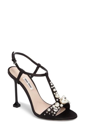 Women's Miu Miu Embellished T-strap Sandal .5us / 39.5eu - Black