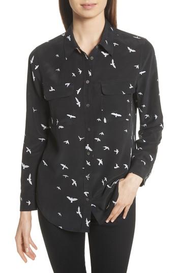 Women's Equipment Slim Signature Bird Print Silk Shirt - Black