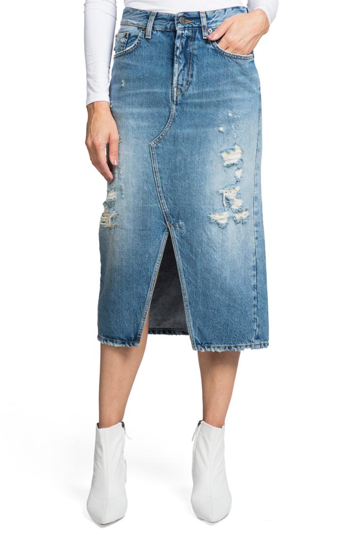 Women's Prps Split Front Distressed Denim Midi Skirt