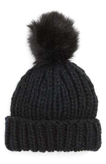 Women's Free People Happy Trails Faux Fur Pom Beanie - Black