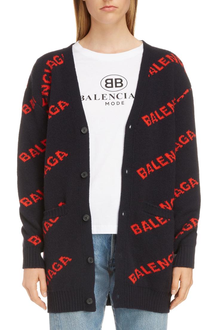 Women's Balenciaga Logo Jacquard Wool Blend Cardigan - Blue