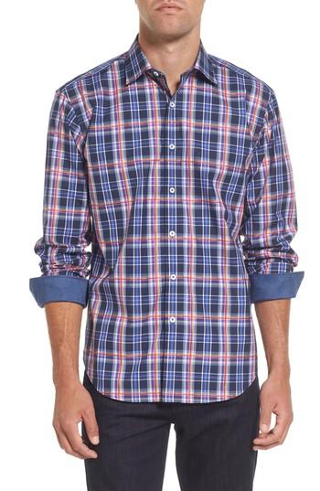 Men's Bugatchi Slim Fit Madras Plaid Sport Shirt, Size - Blue
