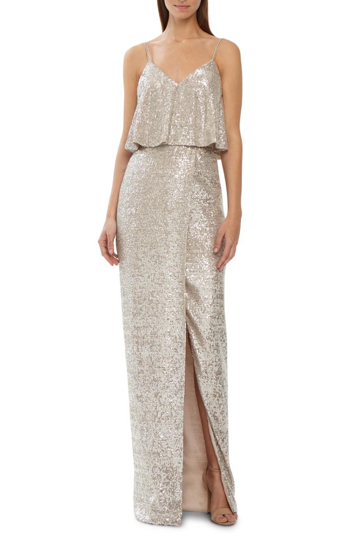 Women's Ml Monique Lhuillier Sequins Front Slit Gown - Metallic
