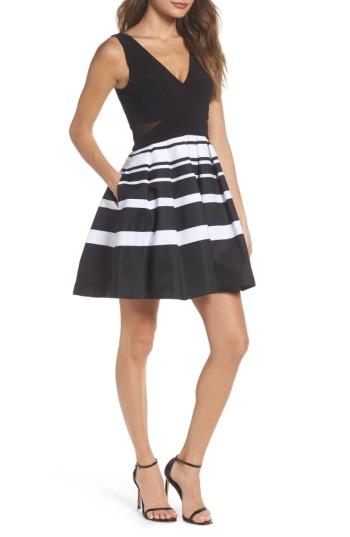 Women's Xscape Stripe Fit & Flare Dress - Black