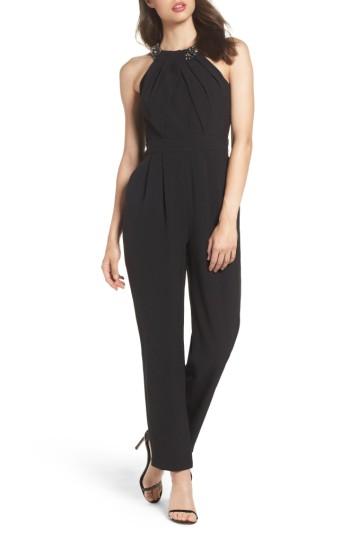 Women's Eliza J Crystal Pleated Neck Jumpsuit - Black