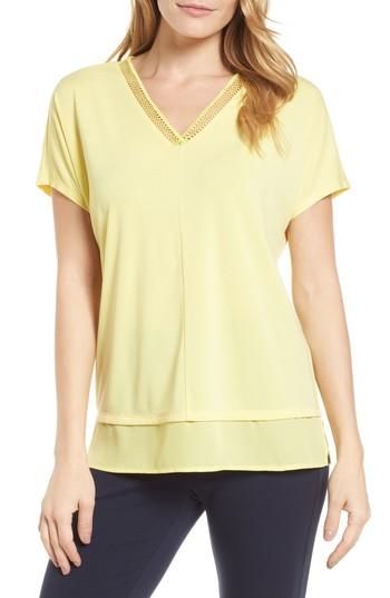Women's Chaus Short Sleeve Crochet Neck Top - Yellow