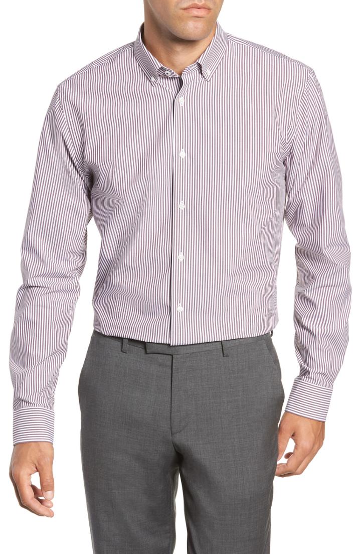 Men's Nordstrom Men's Shop Tech-smart Trim Fit Stretch Stripe Dress Shirt .5 - 32/33 - Burgundy