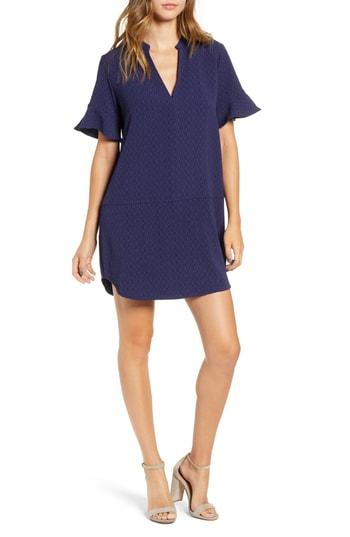 Women's Ruffle Sleeve Crepe Shift Dress - Blue