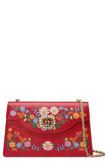 Gucci Medium Embroidered Floral Leather Shoulder Bag - Red
