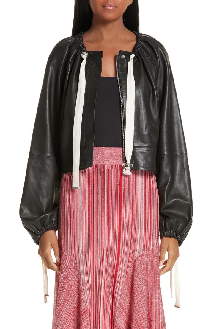 Women's Yigal Azrouel Ruched Neck Leather Jacket - Black
